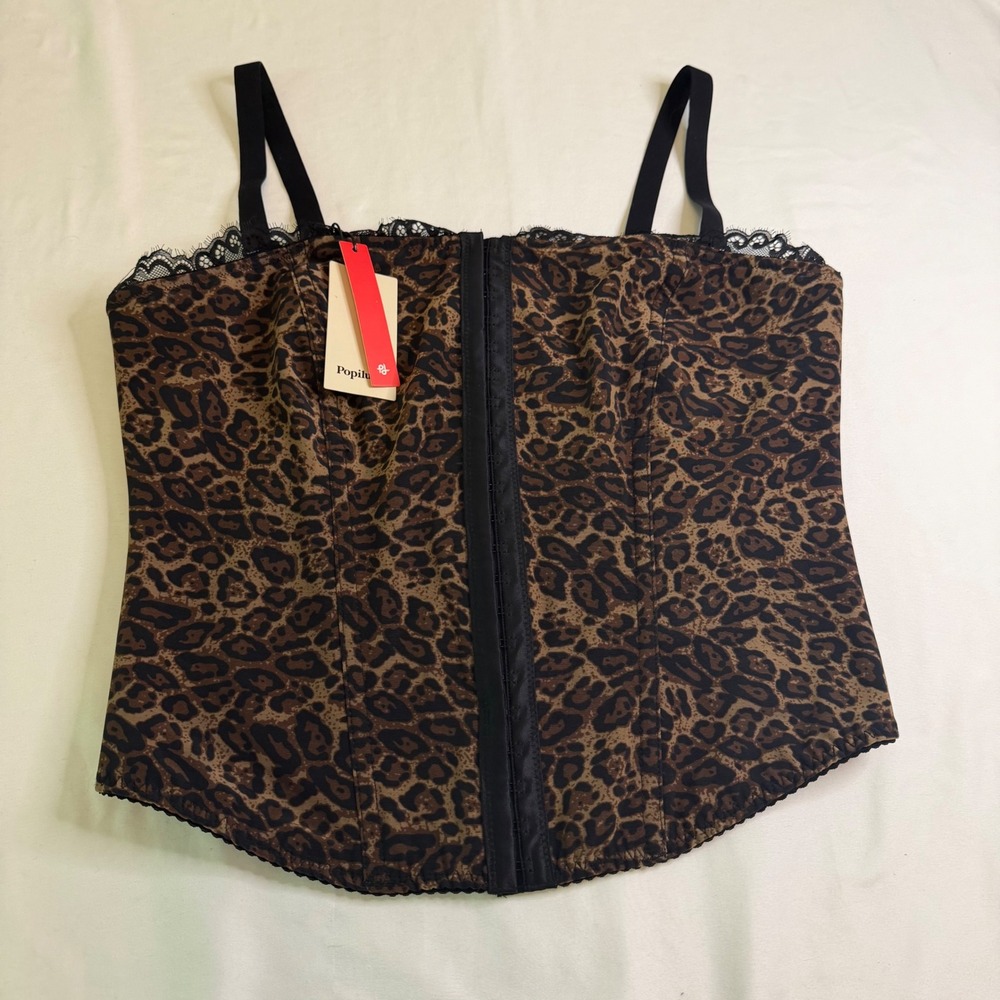 Popilush Leopard Print Corset Top Shapewear Lace Trim Brown Black 3XL NWT